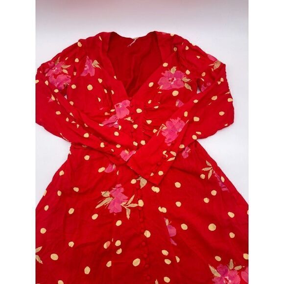 Free People Mini Dress Button Down Long Sleeves V Neck Sz XS Red w Flowers NWOT - Picture 11 of 13